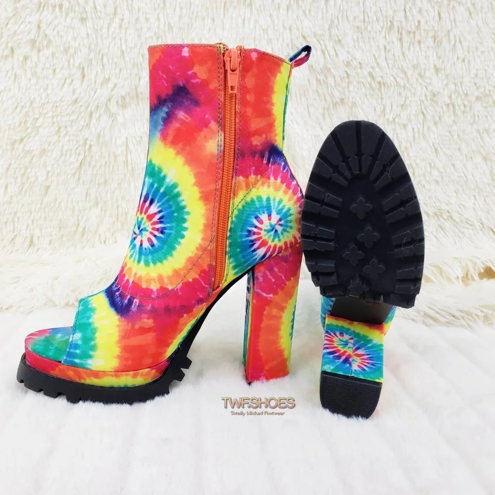 Trippin Colorful Tie Dye Open Toe Chunky Platform Heel Ankle Boots - Picture 2 of 11